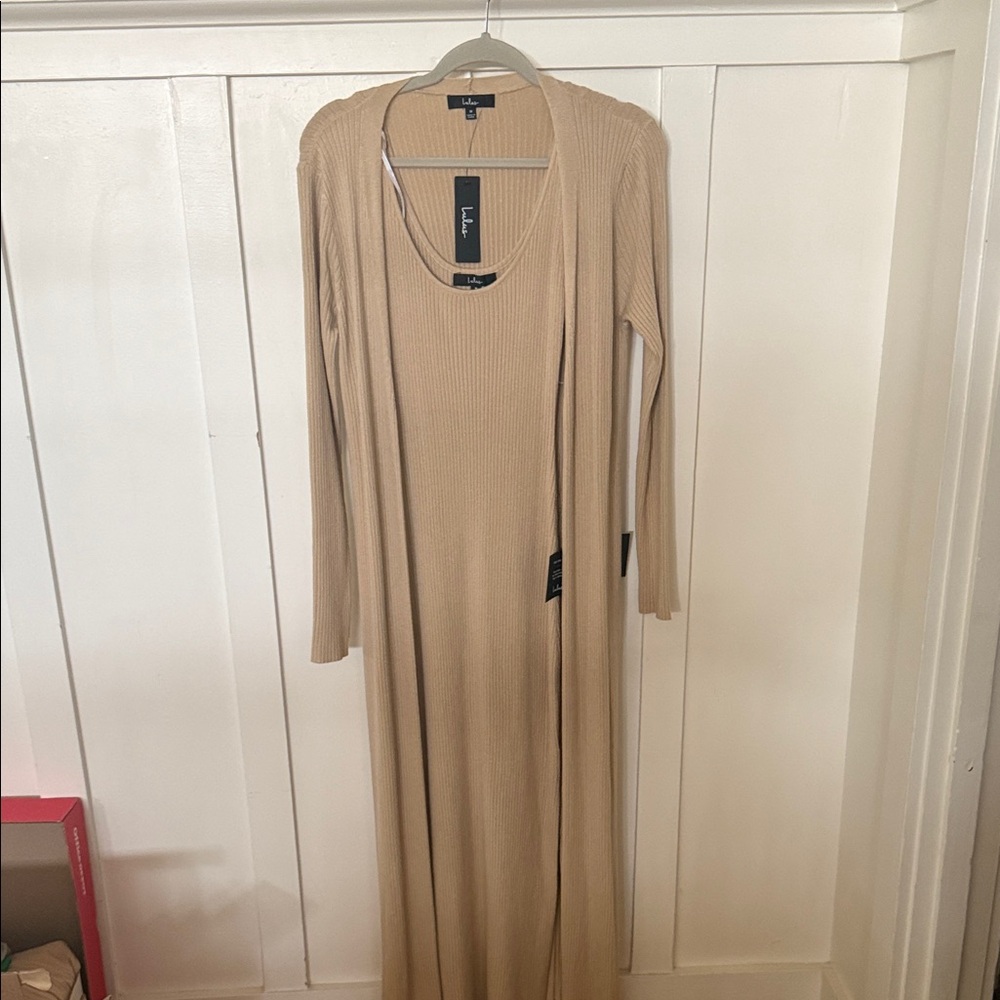 Lulus Tan Ribbed Sweater and tank sweater dress.